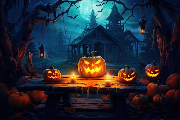 Halloween dynie i wiedźma z miotłą w noc halloween