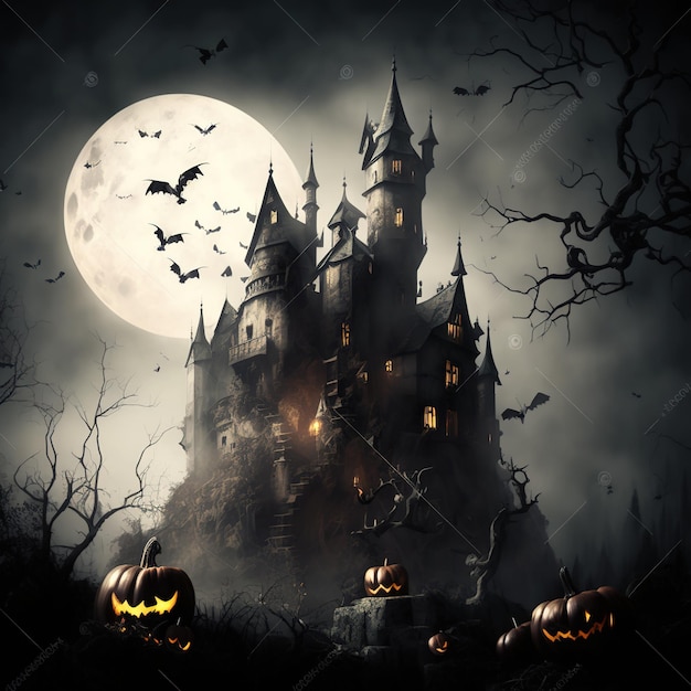 Halloween dynie na cmentarzu przerażający las w nocy czarownica nawiedzony dom Ai generowany