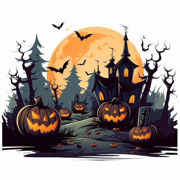 Halloween dynie na cmentarzu przerażający las w nocy czarownica nawiedzony dom Ai generowany