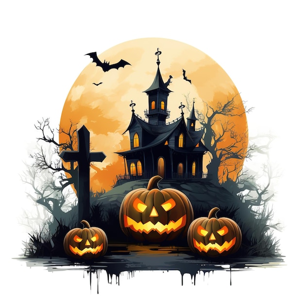 Halloween dynie na cmentarzu przerażający las w nocy czarownica nawiedzony dom Ai generowany