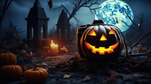 halloween dynie na cmentarzu z pełnym księżycem za nimi.