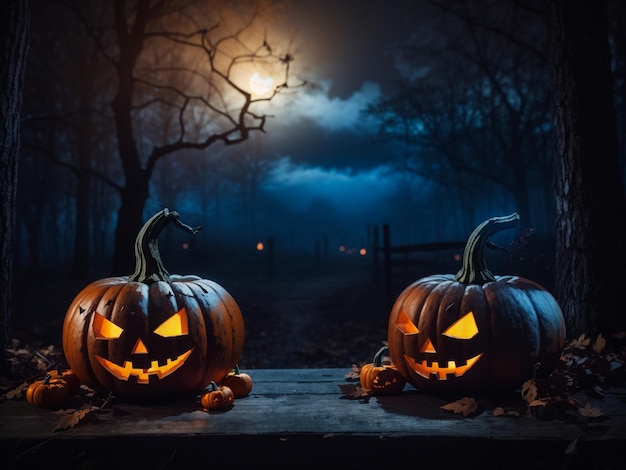 Halloween dynie na drewnie w przerażającym lesie w nocy