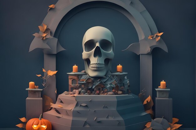 halloween dzień martwej czaszki na podium papier stylu sztuki ai generowane tło