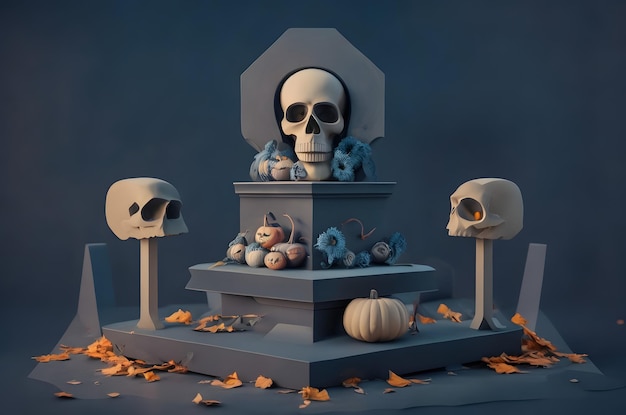 halloween dzień martwej czaszki na podium papier stylu sztuki ai generowane tło