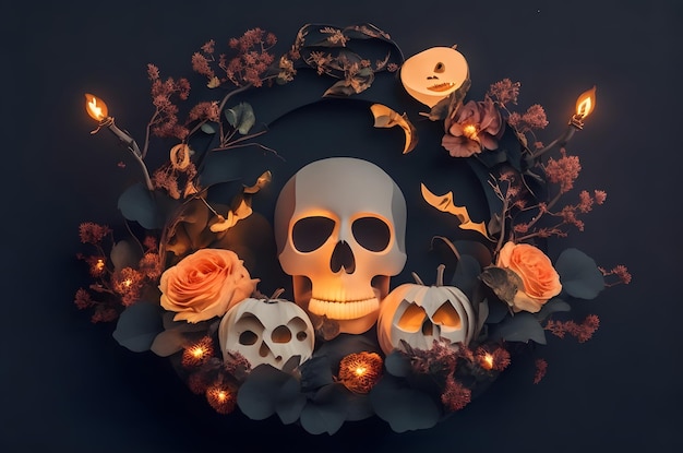Halloween dzień martwej czaszki z kwiatami w kręgu papierowy styl sztuki ai generowane tło