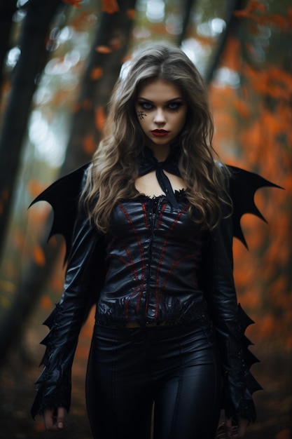 Halloween Dziewczyna w lesie w kostiumie wampira