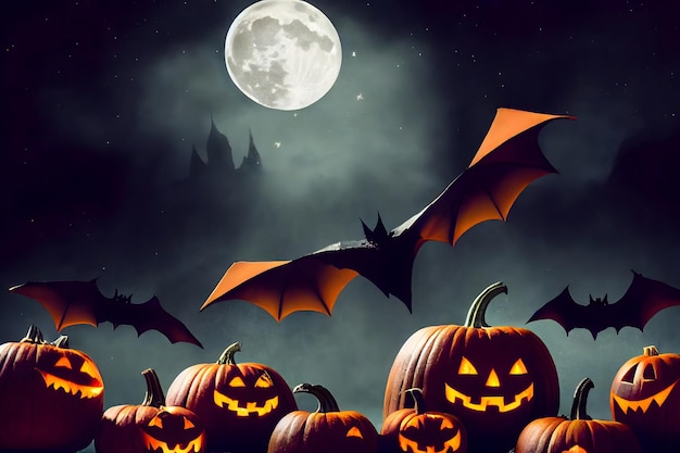 Halloween estetyczne tło nietoperze dynie pełnia księżyca i gwiazdy noc sieć neuronowa wygenerowana sztuka