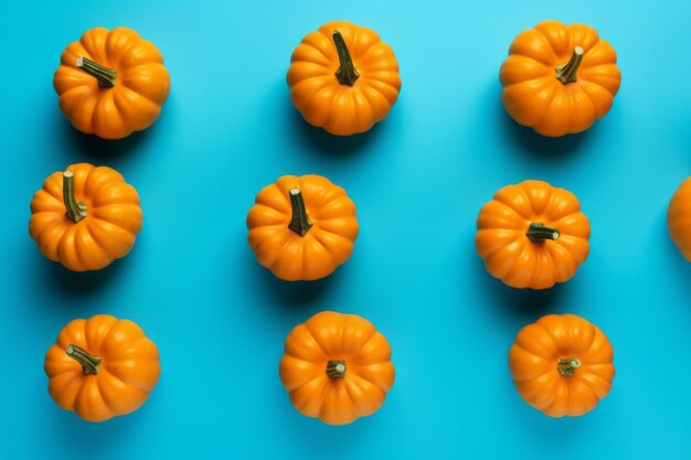 Zdjęcie halloween harvest vibrant orange pumpkins popping na kreatywnej niebieskiej powierzchni