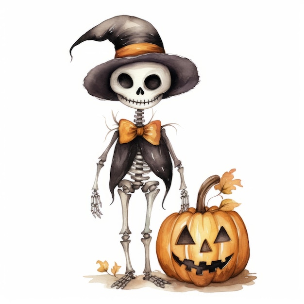 Halloween Harvest Vibrant Watercolor Skeleton i Pumpkin Clipart na czystym białym tle