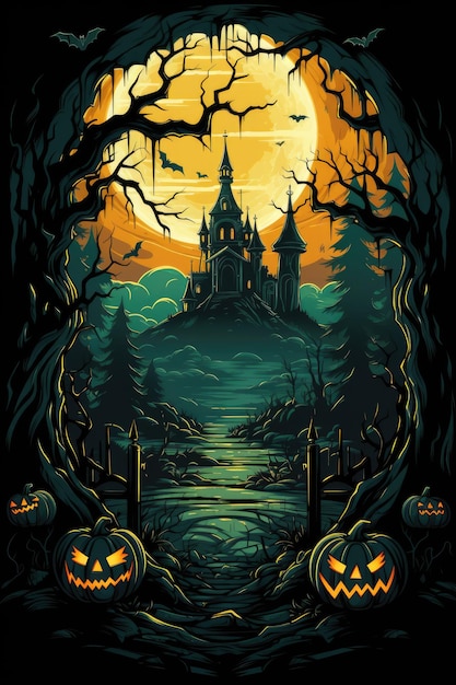 halloween horror dom i straszna ilustracja kreskówka tło dyni