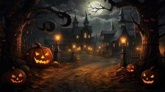 Halloween horror tło z przerażającymi dyni drzewa polowane horror generatywny