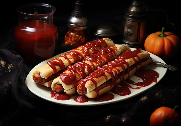 halloween hotdogi z ketchupem i smakiem na talerzu