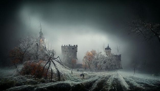 Halloween ilustracja nawiedzony dom z dyniami.realistyczna ilustracja festiwalu halloween.