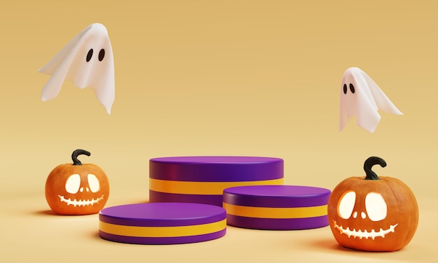 Halloween Jack O Lantern trzyetapowe podium do prezentacji produktu w tle Świąteczny festiwal i sezonowa koncepcja Renderowanie ilustracji 3D