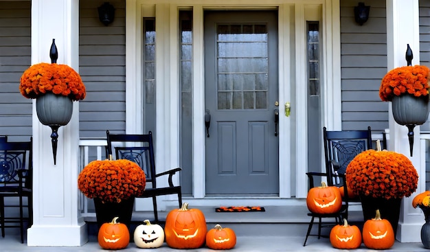 Zdjęcie halloween, jesień, sezonowe dekoracje na werandzie, wystrój domu, krzesło, dynie halloween