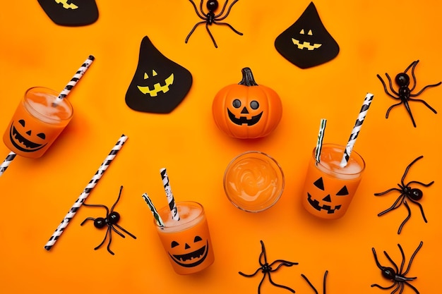 Halloween koncepcja tło skład dynie pająk sok pomarańczowy z lodem na pomarańczowym tle