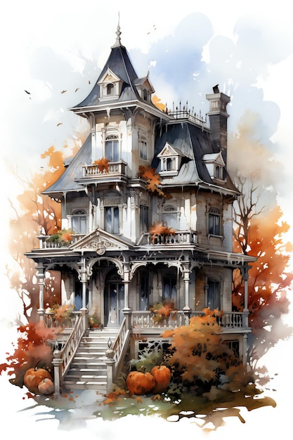 Halloween Mansion Ganek Tło Projekt Akwarela Front House Halloween Tapeta