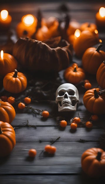 Zdjęcie halloween martwa natura z dyniami i czaszką na ciemnym drewnianym tle