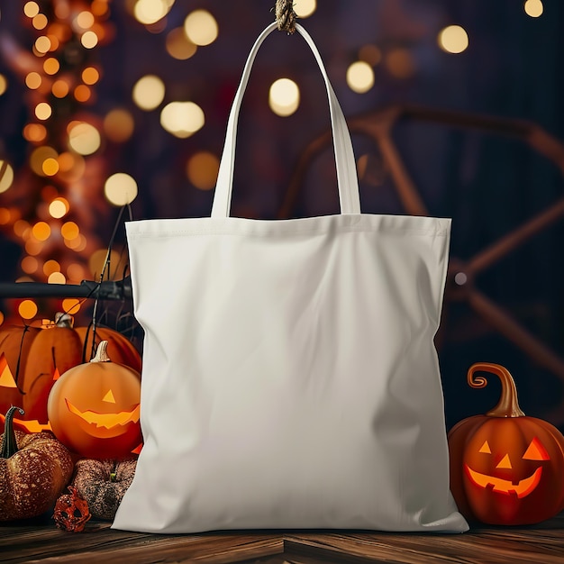 Halloween Mockup Plain White Tote Bag z elementem przerażającym