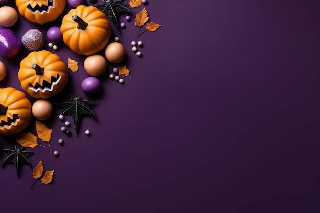 Halloween na tle z dyniami, nietoperzami i jesiennymi liśćmi na fioletowym tle