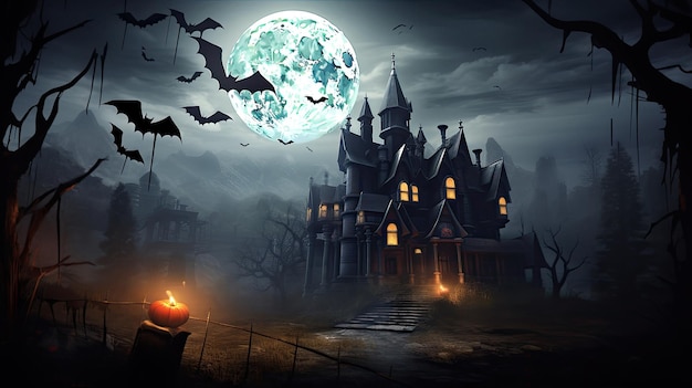 Halloween na tle z pełnią księżyca i domem w tle.