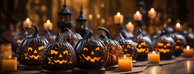 Halloween na tle ze świecami i rzeźbioną dynią na nocnej imprezie