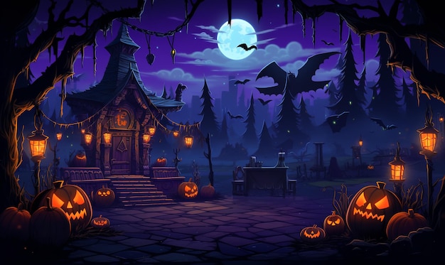 Halloween nocna scena z dyniami i nietoperzami przed domem generatywny ai