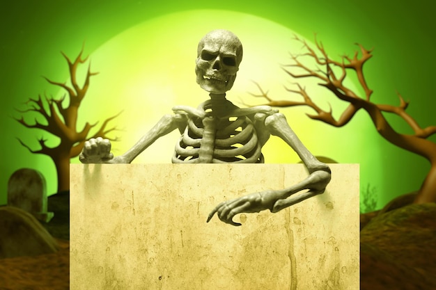 Halloween party card śmieszny ludzki szkielet trzymający pusty znak na cmentarzu cmentarzu