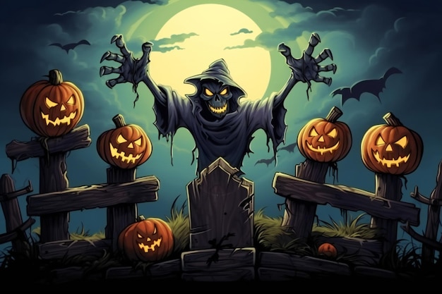 Halloween Party Pumpkins And Zombies in Graveyard (Kurczaki i zombie na cmentarzu)