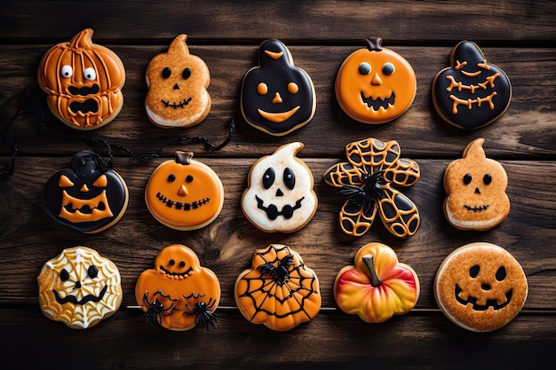 Zdjęcie halloween pieczenie na blacie kuchennym z tematycznymi ciasteczkami, ciasteczkami i ciastami generatywna sztuczna inteligencja