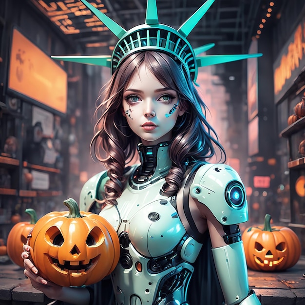 Halloween Posąg Wolności Realistyczny obraz cyfrowy Halloween Technologia robotowa Dziewczyna Wielokolorowy Ha
