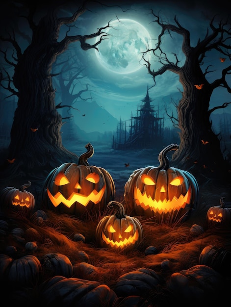 Halloween poster z przerażającymi dyniami ai generowany