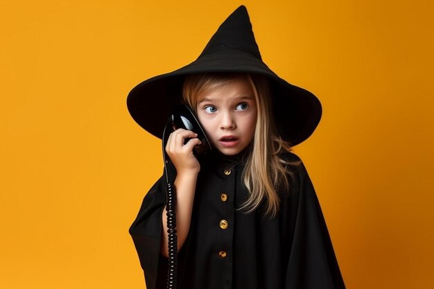 Zdjęcie halloween prawie odwołany zdjęcie uroczy uroczy młody czarodziejka pani trzymać telefon zdumiony wydarzenie tematyczne