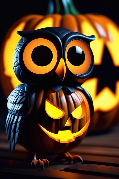 Zdjęcie halloween przerażająca sowa na dyni w ciemnej nocy renderowanie 3d