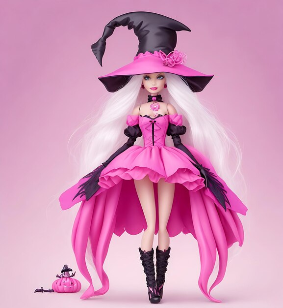 Halloween Różowa Barbie Czarownica Lalka ai generowana