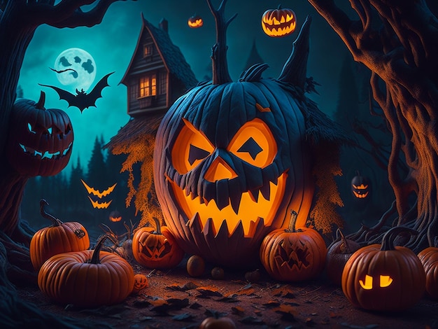 Halloween rzeźbi dynię na liściach świecących Jacko'lantern