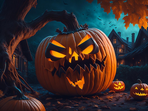 Halloween rzeźbi dynię na liściach świecących Jacko'lantern