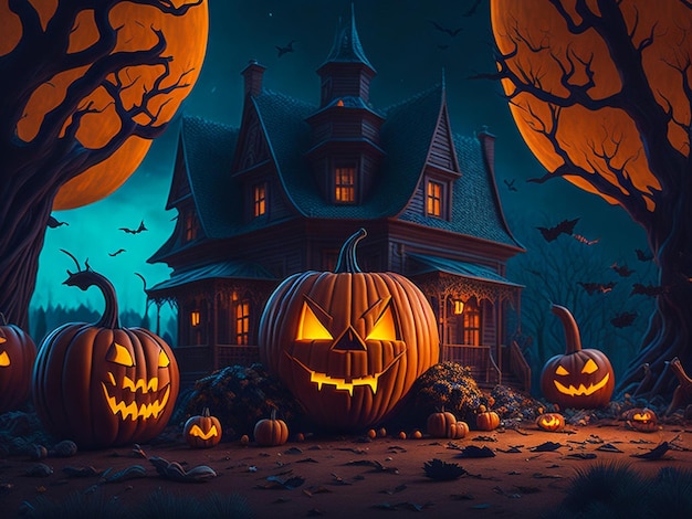 Halloween rzeźbi dynię na liściach świecących Jacko'lantern