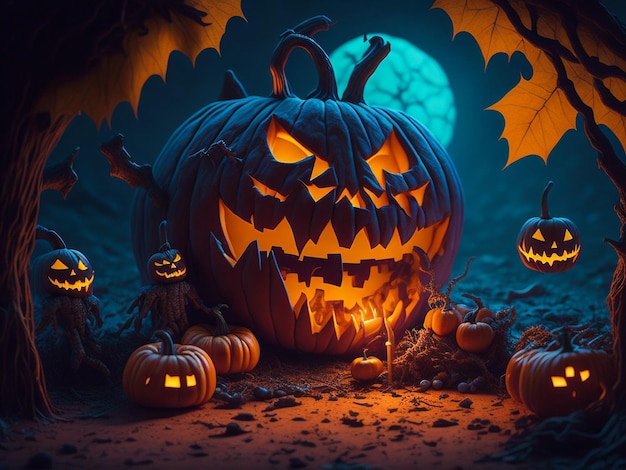 Halloween rzeźbi dynię na liściach świecących Jacko'lantern