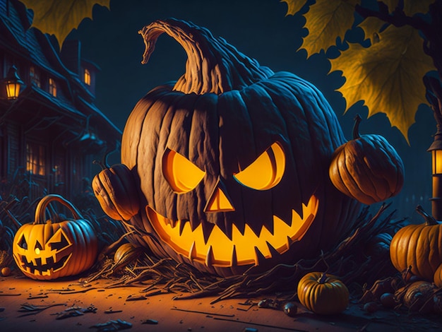 Halloween rzeźbi dynię na liściach świecących Jacko'lantern