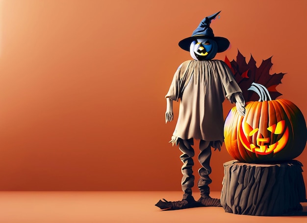 Halloween scarecrow z głowy dyni jaskini jesieni tło 3d rendering