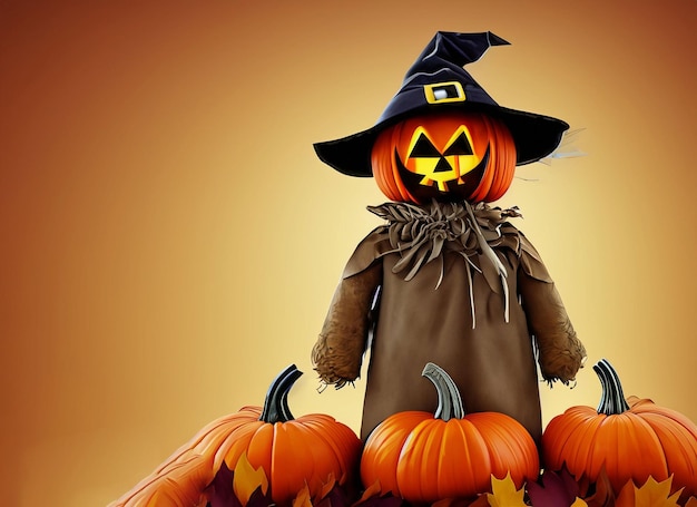 Halloween scarecrow z głowy dyni jaskini jesieni tło 3d rendering