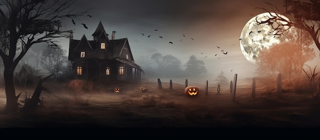 Halloween scena horror tło z przerażającym opuszczonym domem