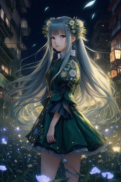 Halloween Shadows Anime Dziewczyna w magicznej sukience w nocnym pejzażu miejskim