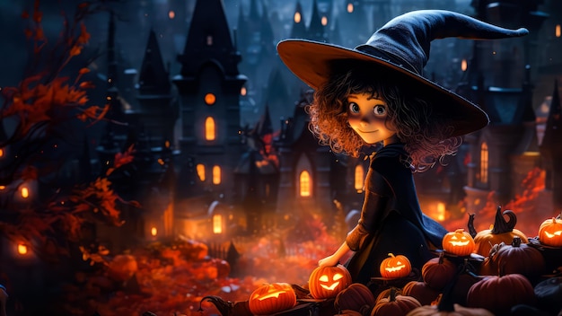 Halloween śliczna czarownica 3d postać z kreskówki z dynią i zamkiem krajobrazowym tłem dla sztandaru