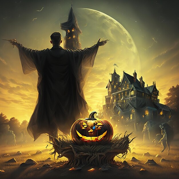 Halloween spooHalloweenowa latarnia z głową dyni i płonącymi świecami, święto Halloween