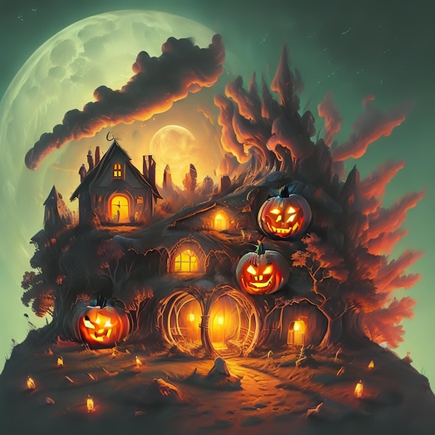 Halloween spooHalloweenowa latarnia z głową dyni i płonącymi świecami, święto Halloween