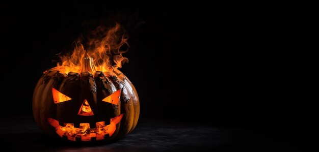 Halloween straszna dynia w ogniu czarne tło izolować AI wygenerowane