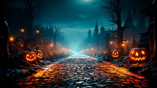 Halloween straszna noc ze starą drogą prowadzącą do domu nawiedzonego Generatywna sztuczna inteligencja