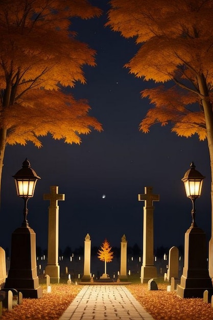 Halloween straszna nocna scena cmentarza z nietoperzami i księżycem na tle